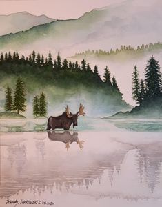 a painting of a moose standing in the water