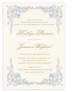 a wedding card with an ornate frame on the front and bottom, in blue ink