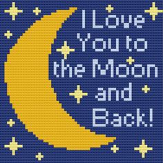 i love you to the moon and back cross stitch pattern in blue with yellow stars