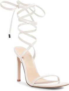 Heel height: 3.7" Color: White Square open toe heels White Strappy Heels, Contemporary Costumes, Trendy Shoes Sneakers, White High Heels, Open Toe Heels, White Square, 4 Inch Heels, Trendy Shoes, Heeled Sandals