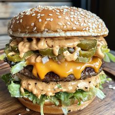 a cheeseburger with pickles and onions on a wooden tray, ready to be eaten