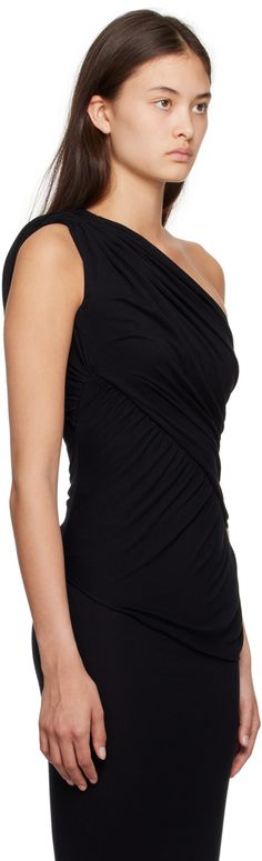 FSC®-certified viscose jersey tank top. Ruching throughout. · Single-shoulder construction · Raw edge at hem · Cutout at back Supplier color: Black Black Ruched Top With Asymmetrical Neckline, Edgy Black One-shoulder Top With Asymmetrical Neckline, Summer Stretch One-shoulder Top With Asymmetrical Neckline, Black Fitted One-shoulder Top With Asymmetrical Hem, Rick Owens Tank Top, Rick Owens Lilies, Jersey Tank Top, Rick Owens, Raw Edge