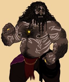 a drawing of a man with long hair and beards, dressed as a demon