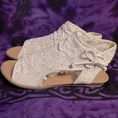 Nwot Lace Bootie Sandals Size 9. Small Wedge Heel With Zipper On Inside Of Foot. Beautiful Off White Color Casual Synthetic Wedge Heel Lace-up Sandals, Casual Lace-up Wedge Heel Sandals, Adjustable Open Toe Lace-up Sandals In Synthetic, Adjustable Open Toe Synthetic Lace-up Sandals, Casual Adjustable Lace-up Sandals With Wedge Heel, Casual White Lace-up Wedge Sandals, Casual White Adjustable Wedge Sandals, Leopard Print Sandals, Raffia Sandals