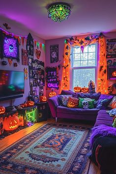 a living room filled with lots of halloween decorations