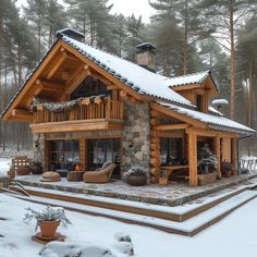 a log cabin in the middle of winter with snow on the ground and trees around it