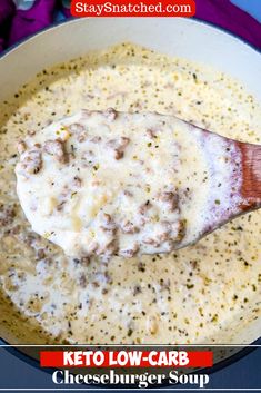 a wooden spoon in a bowl filled with cheeseburger soup