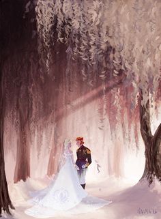 a painting of a bride and groom walking through the snow in front of a tree