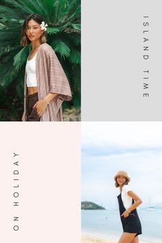 Graphic with text: On Holiday, Island Time. Model is standing in front of palm tree wearing Yao Tribal Kimono and Espresso Adventure Cargo Pants. Model is wearing black Boardwalk Romper and posing on the beach.