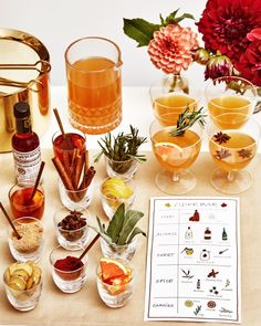 a table topped with glasses filled with different types of drinks