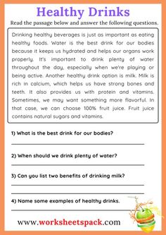 the worksheet for healthy drinks is shown in pink and orange with an orange background