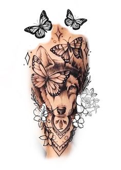 a woman's arm with butterflies and a wolf tattoo design on the left side