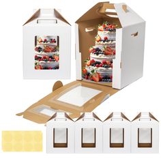 an open box with cake inside and four boxes around it that have different pictures on them