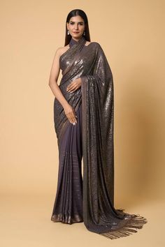 Charcoal saree with metallic sequin embroidery. Comes with sequined unstitched blouse piece. - Aza Fashions Sequin Chinon Pre-draped Saree For Diwali, Festive Silk Pre-draped Saree With Sequins, Designer Pre-draped Sequin Saree For Diwali, Celebration Pre-draped Saree With Sequins, Festive Sequined Pre-draped Georgette Saree, Semi-stitched Georgette Blouse Piece With Sequins, Semi-stitched Sequined Georgette Blouse Piece, Embellished Georgette Pre-draped Saree For Celebration, Eid Chinon Blouse Piece With Sequins