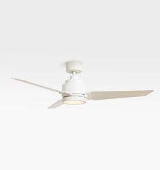 a white ceiling fan with a light on it's side and two blades in the middle