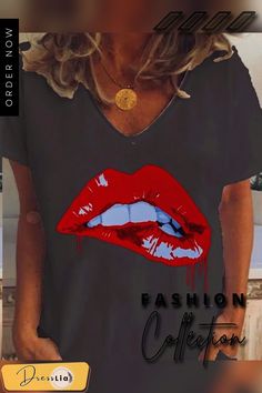 a woman with red lipstick on her lips wearing a black t - shirt that says fashion collection