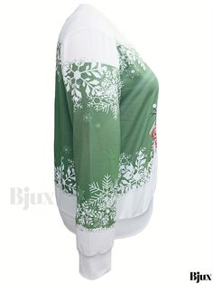 Bjux - Womens Plus Snowman Print Long Sleeve Round Neck Sweatshirt in Casual Style for Christmas, Enhanced for Plus Size Wearability Green Long Sleeve Holiday Top, Green Casual Christmas Sweater, Green Holiday Top For Christmas, Green Christmas Holiday Top, Green Long Sleeve T-shirt For Holiday, Printed Cups, Round Neck Sweatshirts, Contrast Collar, Long Sleeve Sweatshirt