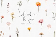 watercolor flowers with the words let's walk in the field