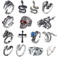 PRICES MAY VARY. vintage punk rings:A set includes 15 pieces of Gothic punk rings, there are many different kinds of ring patterns, including snake ring, skull ring, Chinese dragon ring, devil eye ring, octopus ring, and other shapes, to meet the needs of different people's hobbies, and can be given to friends, etc. Gothic ring material: alloy material, sturdy retro punk ring, medium size fits most people's fingers adjustable ring：Most of the rings are adjustable rings. The red eye skull ring is Rings Gothic, Punk Rings, Snake Dragon, Goth Ring, Octopus Ring, Cats Eye Ring, Peacock Ring, Y2k Rings, Full Finger Rings