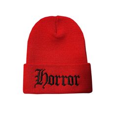 "ORIGINAL DESIGNS CREATED BY JAD DOVEY. ALL HEADWEAR IS EMBROIDERED IN-HOUSE.  MADE IN SMALL BATCHES IN LAS VEGAS, NV.    Horror - Red / Black - Beanie Red Cuffed Beanie  12\" Length  100% Acrylic Super Limited Run" Red Halloween Hat One Size Fits Most, Trendy Red Beanie Hat, Red Beanie For Streetwear, Red Casual Beanie For Streetwear, Red Winter Snapback Hat, Red Horror, Roddy Ricch, Cuffed Beanie, Black Beanie