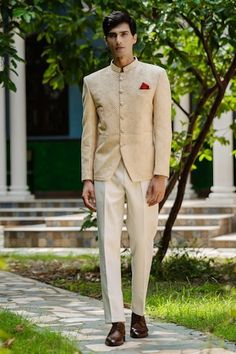 Beige linen bandhgala blazer featuring embroidery and pintuck detailing. - Aza Fashions