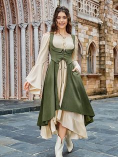 Fantasy Formal, Underbust Dress, Medieval Women Dress, Medieval Attire, Fantasy Attire, Scarlet Darkness, Sage Green Maxi Dress, Medieval Outfit, Costume Pirate