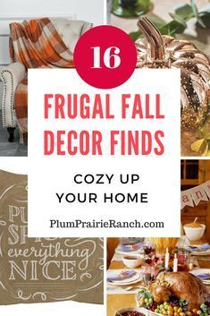 a collage of fall decor finds including pumpkins, candles and other decorations with text overlay that reads 16 frugal fall decor finds cozy up your home