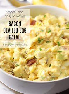 bacon deviled egg salad in a white bowl