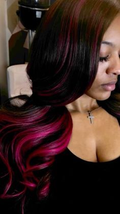 #pinkhair  #highlightwig #sewin Colored Highlights Black Women, Side Part With Pink Highlights, Hair Maintenance Aesthetic, Pink And Black Hair Black Women, Hairstyles Ideas For Long Hair, For Long Hair Hairstyles, Ideas For Long Hair, Half Up Half Down Hairstyle, Down Hairstyle