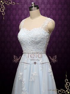 Light Blue Vintage Style Lace High Low Wedding Dress | Nellie Blue Lace Dress With Lace Bodice For Wedding, Blue Lace Dress For Wedding, Blue Lace Trim Wedding Dress, Blue Lace Trim Dress For Wedding, Blue Scalloped Lace Dress For Wedding, Blue Scalloped Lace Wedding Dress, Boho Destination Wedding, High Low Wedding Dress, Light Blue Wedding Dress