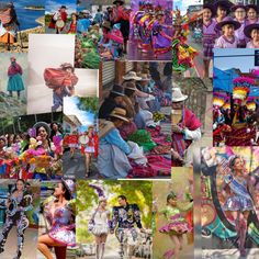 a collage of photos with people dressed in colorful clothing and hats, including women