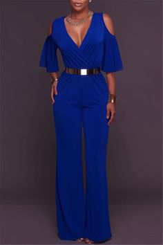 Size(in) Bust Waist Hip Sleeve Length S 33.9  25.2  35.4  7.1  55.9  M 35.4  26.8  37.0  7.3  56.3  L 37.0  28.3  38.6  7.5  56.7  XL 38.6  29.9  40.2  7.7  57.1  XXL 40.2  31.5  41.7  7.9  57.5 Blue Stretch Jumpsuits And Rompers For Work, Blue V-neck Jumpsuits And Rompers For Work, Blue V-neck Jumpsuit For Party, Blue Non-stretch Solid Color Jumpsuits And Rompers, Blue Jumpsuit Or Romper For Party, Blue Solid Color Jumpsuit For Party, Dressy Jumpsuit Outfit, Fall Jumpsuit Outfit, Cold Shoulder Jumpsuit