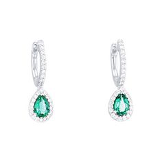 Elegantly dress up any look with these drop earrings, featuring pear shape green emeralds totaling 0.66 carats and round brilliant cut diamonds totaling 0.35 carats. Green Teardrop Diamond Earrings Fine Jewelry, Green Teardrop Diamond Earrings, Diamonds Direct, Round Brilliant Cut Diamond, Emerald Green, Pear Shaped, Halo Diamond, Pear, Halo