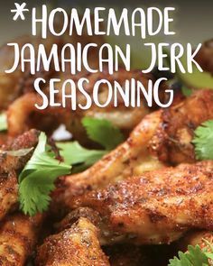 a close up of food on a plate with the words homemade jamaican jerk seasoning