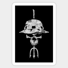 a black and white poster with a skull wearing a hat, holding a wrench