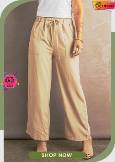 Khaki Drawstring Waist Crinkled Wide Leg Pants Beige Parachute Pants With Drawstring For Summer, Beige Summer Parachute Pants With Drawstring, Casual Summer Pants With Crinkle Texture, Casual Bottoms With Crinkle Texture For Spring, Drawstring Waist, Leg Pants, Wide Leg Pants, Womens Bottoms, Wide Leg