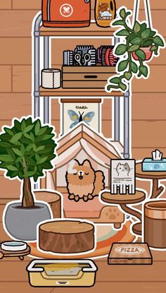 an image of a room with many things on the shelves and in front of it is a potted plant