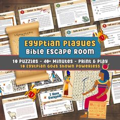 the egyptian plagues bible escape room is shown with pictures and instructions for each piece