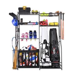 a rack filled with sports equipment on top of a white background