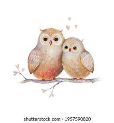 two owls sitting on a branch with hearts flying in the air, watercolor painting