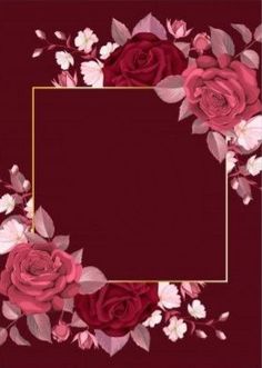 a square frame with red roses and white flowers on the bottom, in front of a maroon background