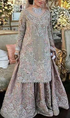 Wedding bridal dress in color pink and silver work embellished with pure dabka nagh perla and threads work 1.%100 Accurate Measurement & Fitting.(Please Ask Us Your exact measurement) 2.All Dresses are Manufactured designs/Cutting/stitching Under The Supervision of Our Qualified designers.3.We Deliver On Time.4.Made with High Quality Fabric & stitching With overclock & Beautiful hamming as per customer's Selected Fabric.5.You Can Consult With Our Top Designers about Your suitability Nikkah Dress White, Pakistani Attire, White Sharara, Asian Attire, Origami Plane, Pakistani Bridal Lehenga, Wedding Dresses Pakistani, Lehenga Dress, Pakistani Traditional