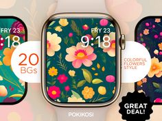 three colorful watches with floral designs on them, one is displaying the time and the other has