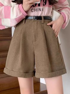 Color: Khaki, Size: XL Cargo Shorts Women, Female Shorts, Corduroy Shorts, Winter Pants, Korean Fashion Trends, Boyfriend Style, Slim Waist, Corduroy Pants, High Waisted Shorts