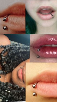 four different pictures of woman's lips with piercings on their nose and lip rings