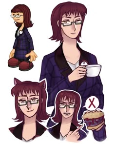 an anime character with glasses holding a coffee cup and eating something in her hand, while wearing