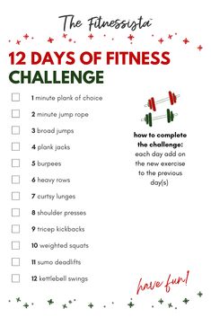 the 12 days of fitness challenge is shown in this printable exercise check - up