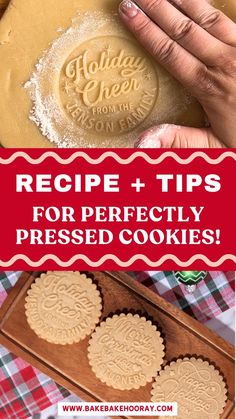 the recipe for perfectly pressed cookies is shown in red and white with text overlay