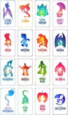 the logos for disney's little mermaid movies are shown in different colors and sizes