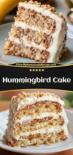 two slices of hummingbird cake on plates with bananas in the background and text overlay that says hummingbird cake